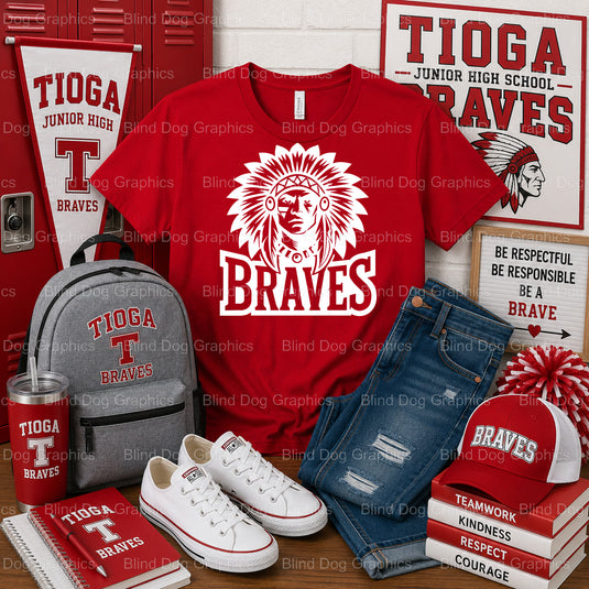 TIOGA JUNIOR HIGH SCHOOL BRAVES Mascot – Tioga Junior High School Premade DTF Transfer (view 2 of 2) – by Blind Dog Graphi...