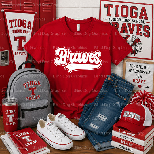 TIOGA JUNIOR HIGH SCHOOL BRAVES Script with Feather – Tioga Junior High School Premade DTF Transfer (view 1 of 2) – by Bli...