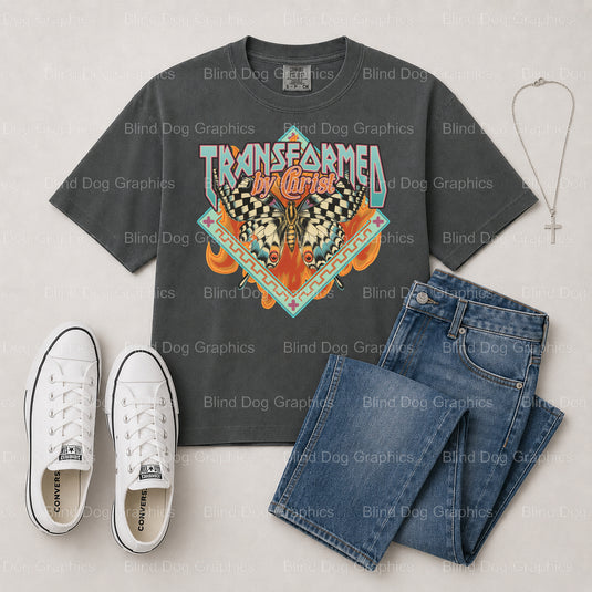 TRANSFORMED BY CHRIST – Christian Premade DTF Transfer (view 1 of 2) – by Blind Dog Graphics – Premade Transfers – Christi...