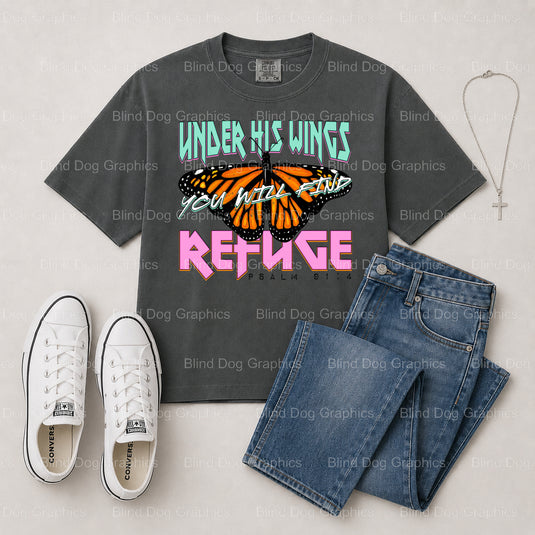 "UNDER HIS WINGS" – Christian Premade DTF Transfer (view 1 of 2) – by Blind Dog Graphics – Premade Transfers – Christian,...
