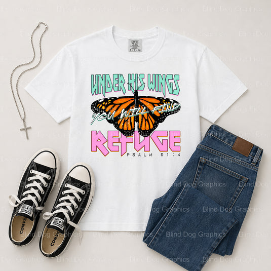 "UNDER HIS WINGS" – Christian Premade DTF Transfer (view 2 of 2) – by Blind Dog Graphics – Premade Transfers – Christian,...